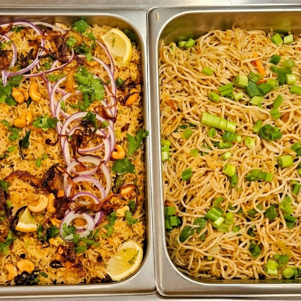 Two buffet trays, one with biryani garnished with cashews, onions, and lemon, the other with noodles and scallions.