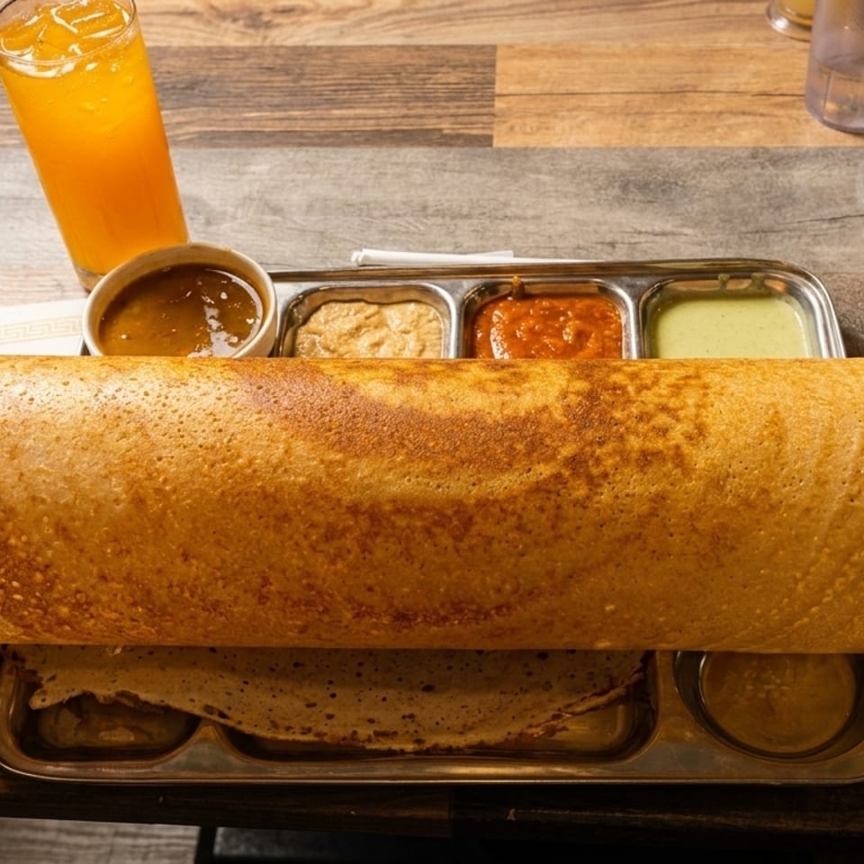 A long, golden-brown dosa served with various chutneys and a glass of orange juice on a wooden table.