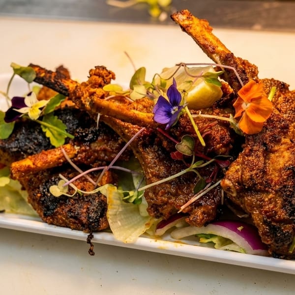 Spicy lamb chops garnished with edible flowers, microgreens, and lemon on a bed of lettuce.