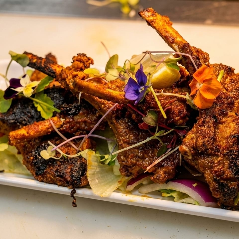 Spicy lamb chops garnished with edible flowers, microgreens, and lemon on a bed of lettuce.